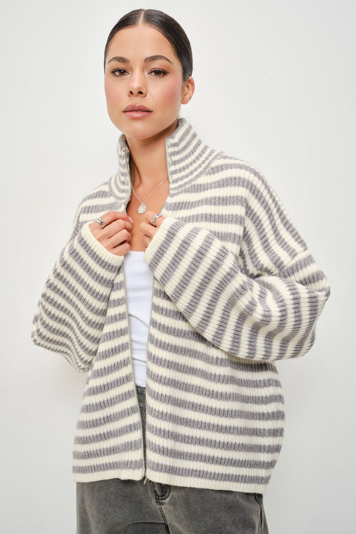 Janice Striped Mock Neck Zip Up Sweater