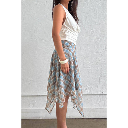 Janelle Check Chiffon Asymmetrical Midi Skirt