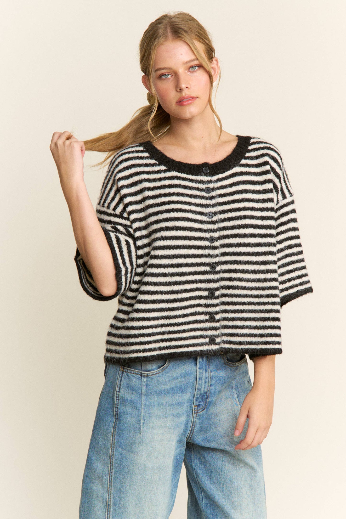 Hadley Striped Cropped Oversized Knit Cardigan