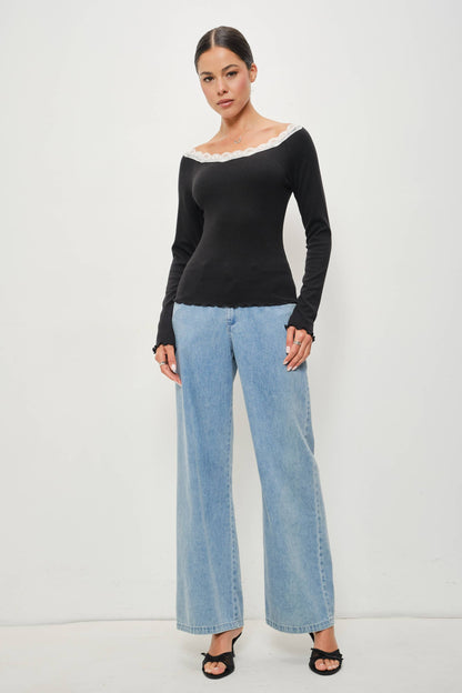 Jillian Lace Trim Boat Neck Long Sleeve Top