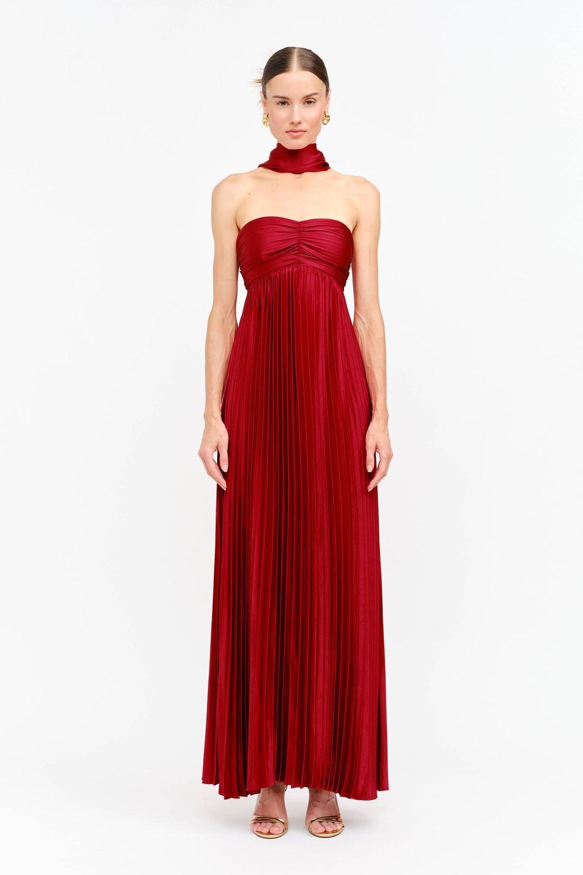 Kali Satin Pleated Strapless Maxi Dress