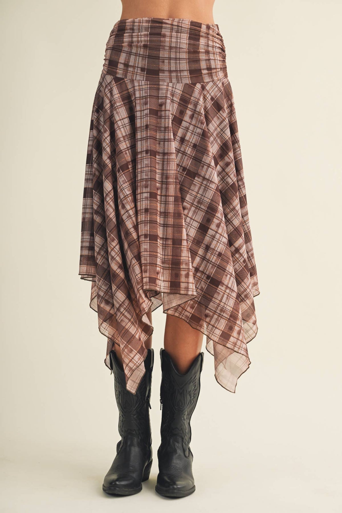 Jordan Shirred Yoke Geometric Plaid Skirt