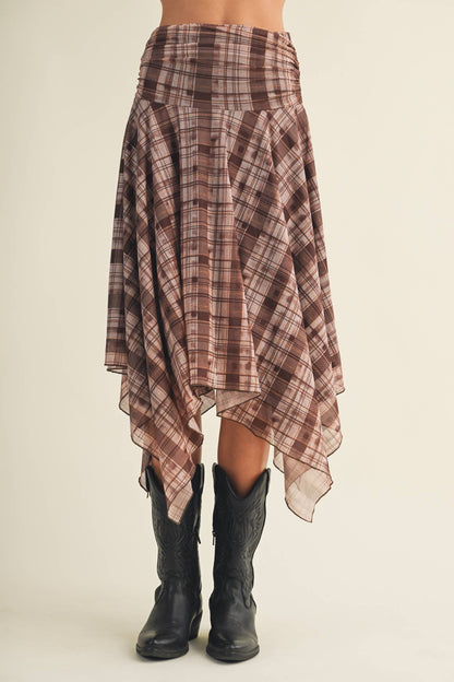 Jordan Shirred Yoke Geometric Plaid Skirt
