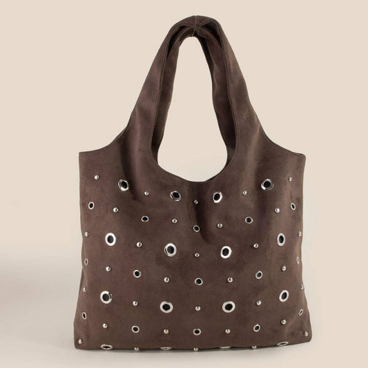 Large Grommeted Suede Shoulder Bag