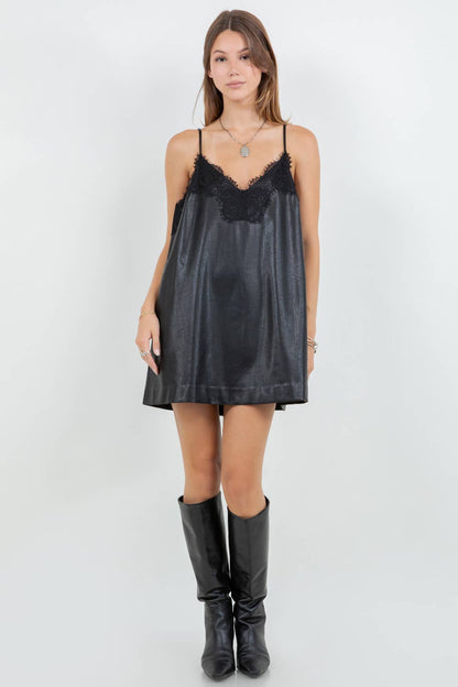 Fronia Vegan Leather Lace Mini Dress