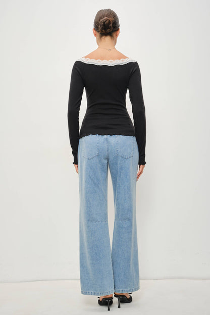 Jillian Lace Trim Boat Neck Long Sleeve Top