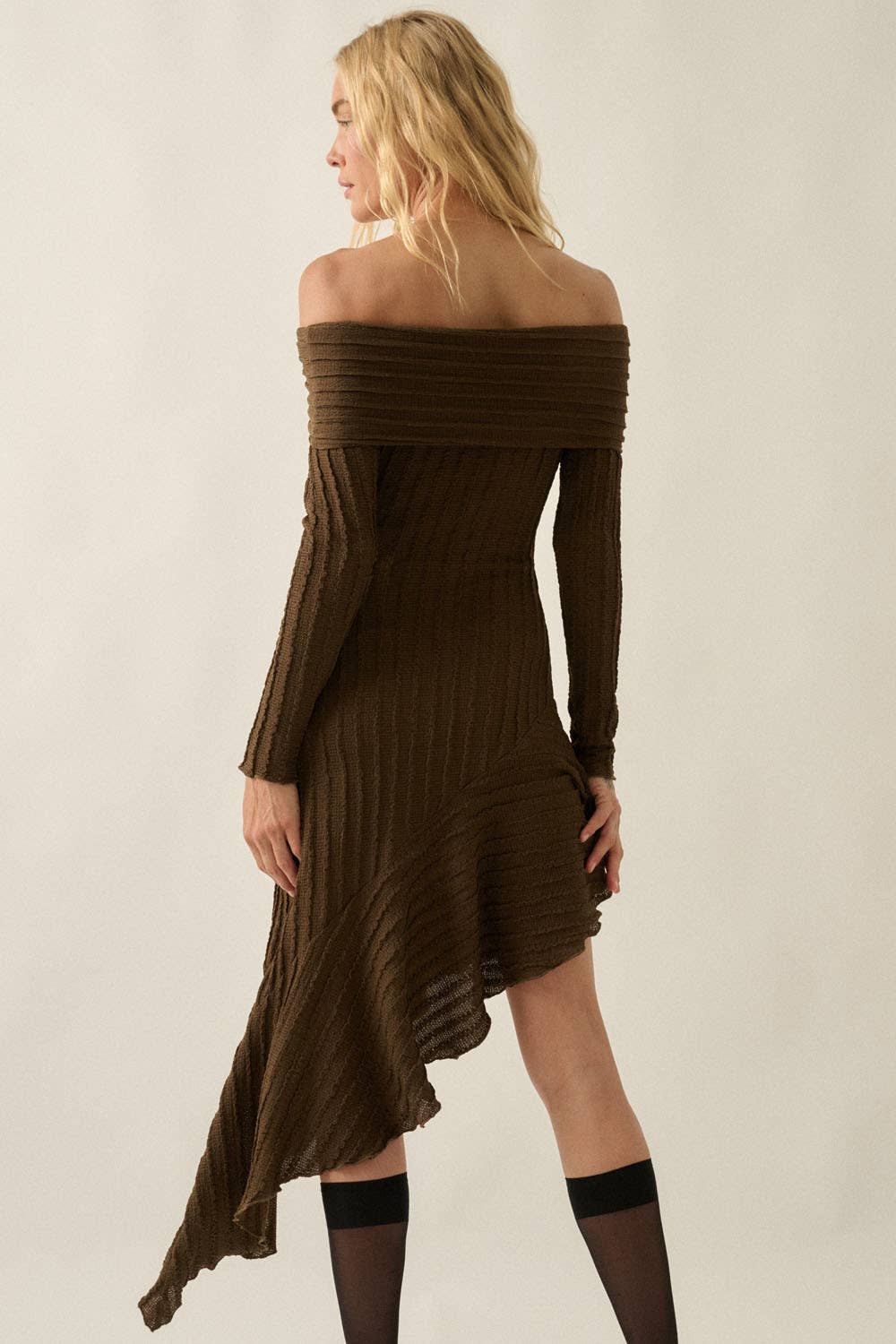 Joan Boucle Ribbed Knit Off-Shoulder Asymmetrical Mini Dress