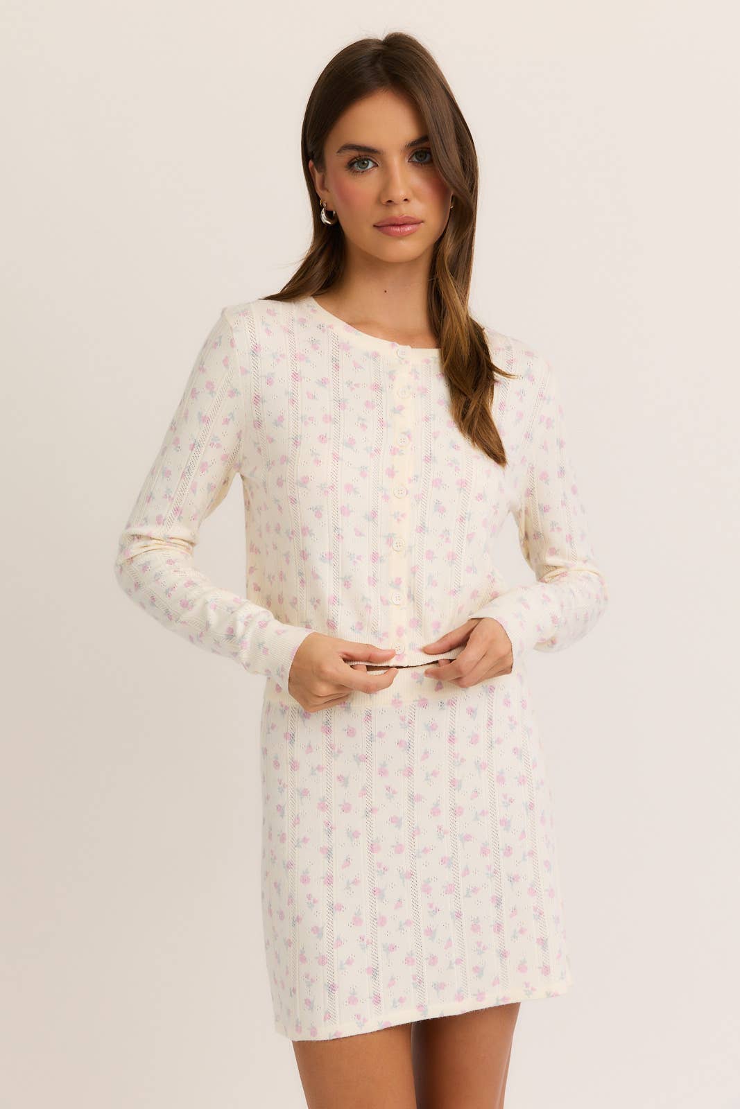 Imogen Pointelle Floral Cardigan Skirt Set