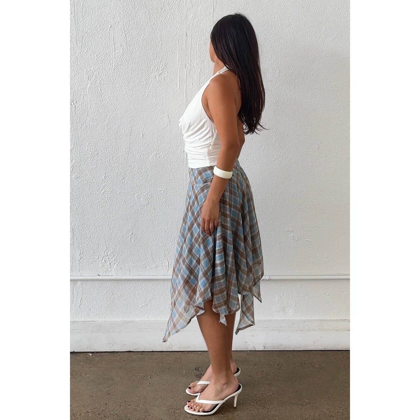 Janelle Check Chiffon Asymmetrical Midi Skirt