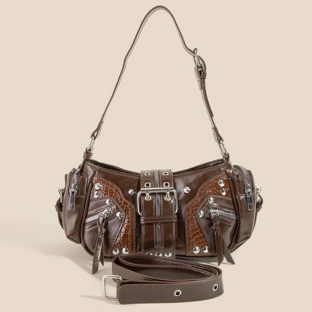 Rivet Detail Leather Shoulder Bag