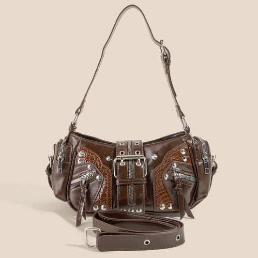 Rivet Detail Leather Shoulder Bag