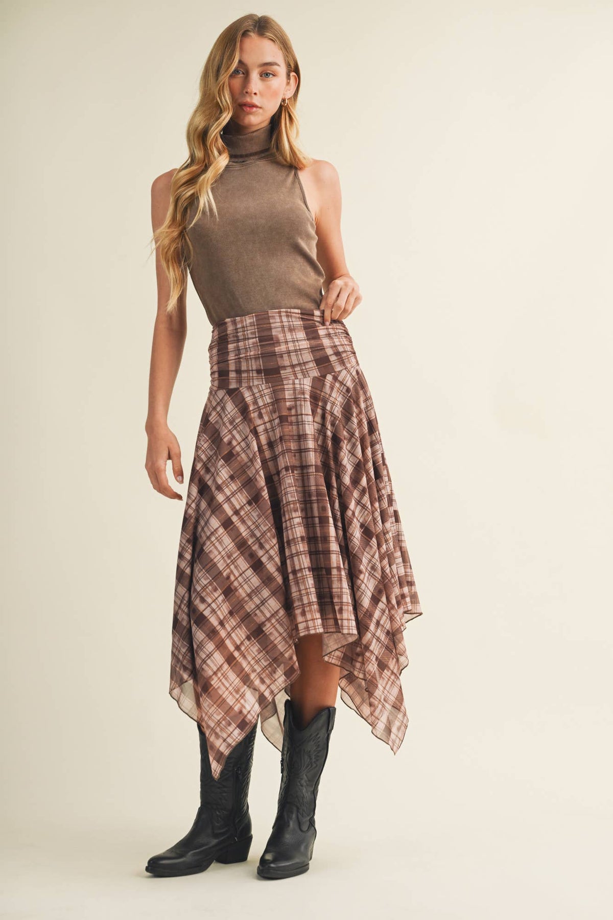 Jordan Shirred Yoke Geometric Plaid Skirt