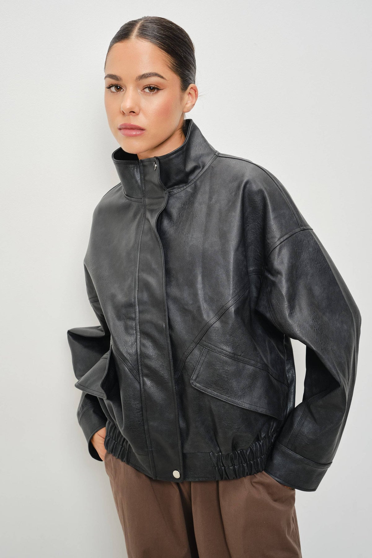 Jana Vegan Leather Funnel Neck Oversized Jacket