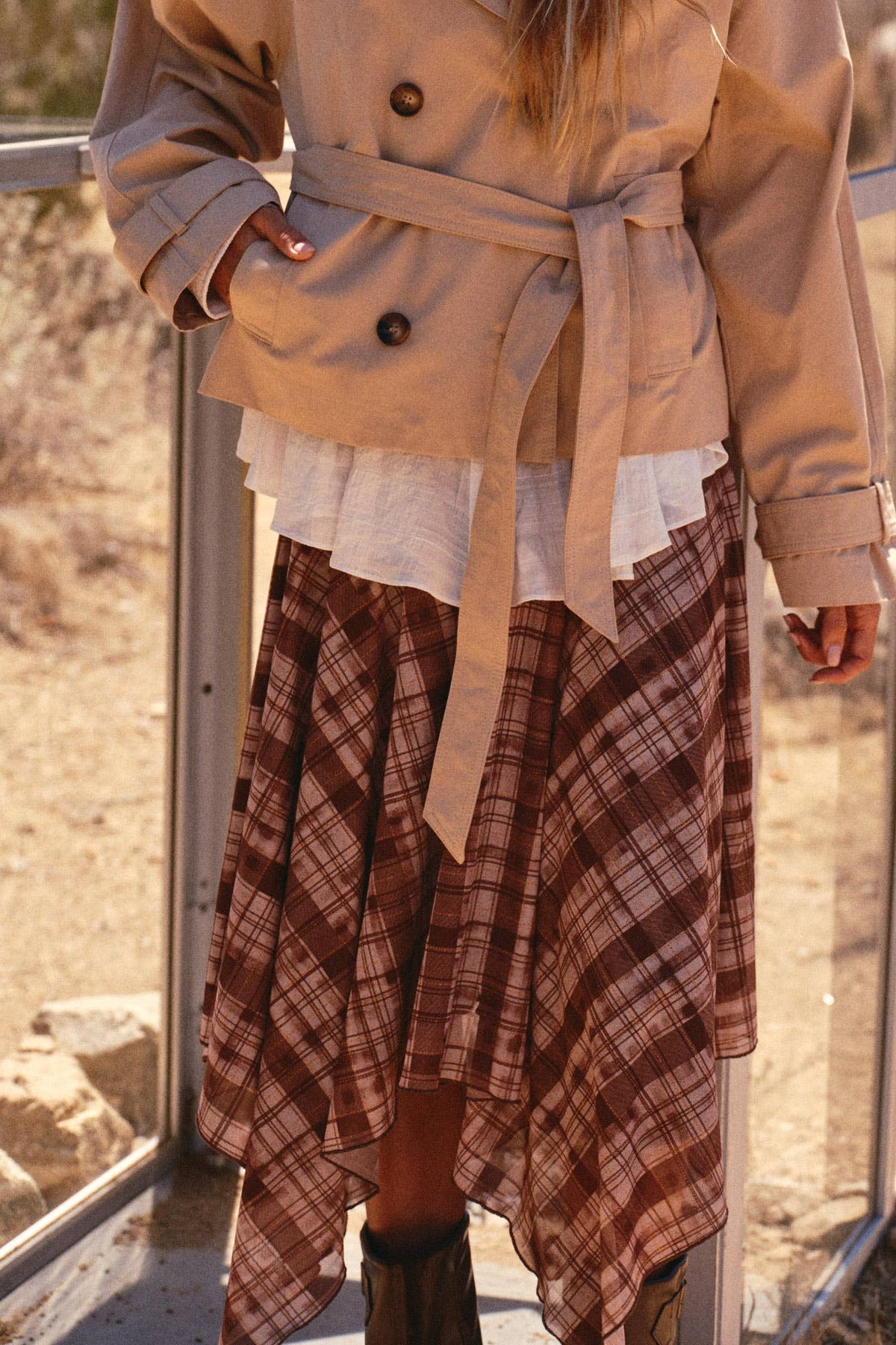 Jordan Shirred Yoke Geometric Plaid Skirt