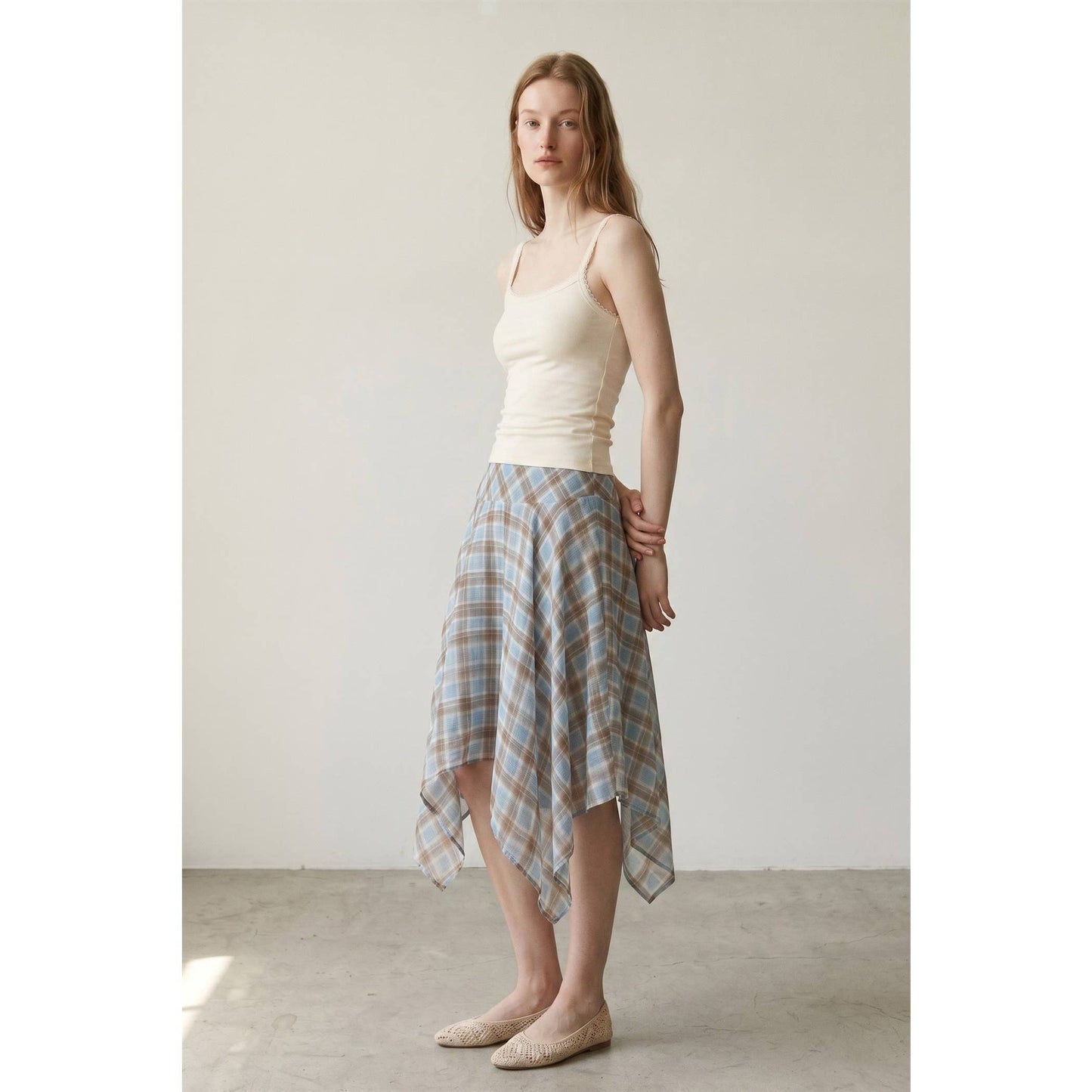 Janelle Check Chiffon Asymmetrical Midi Skirt