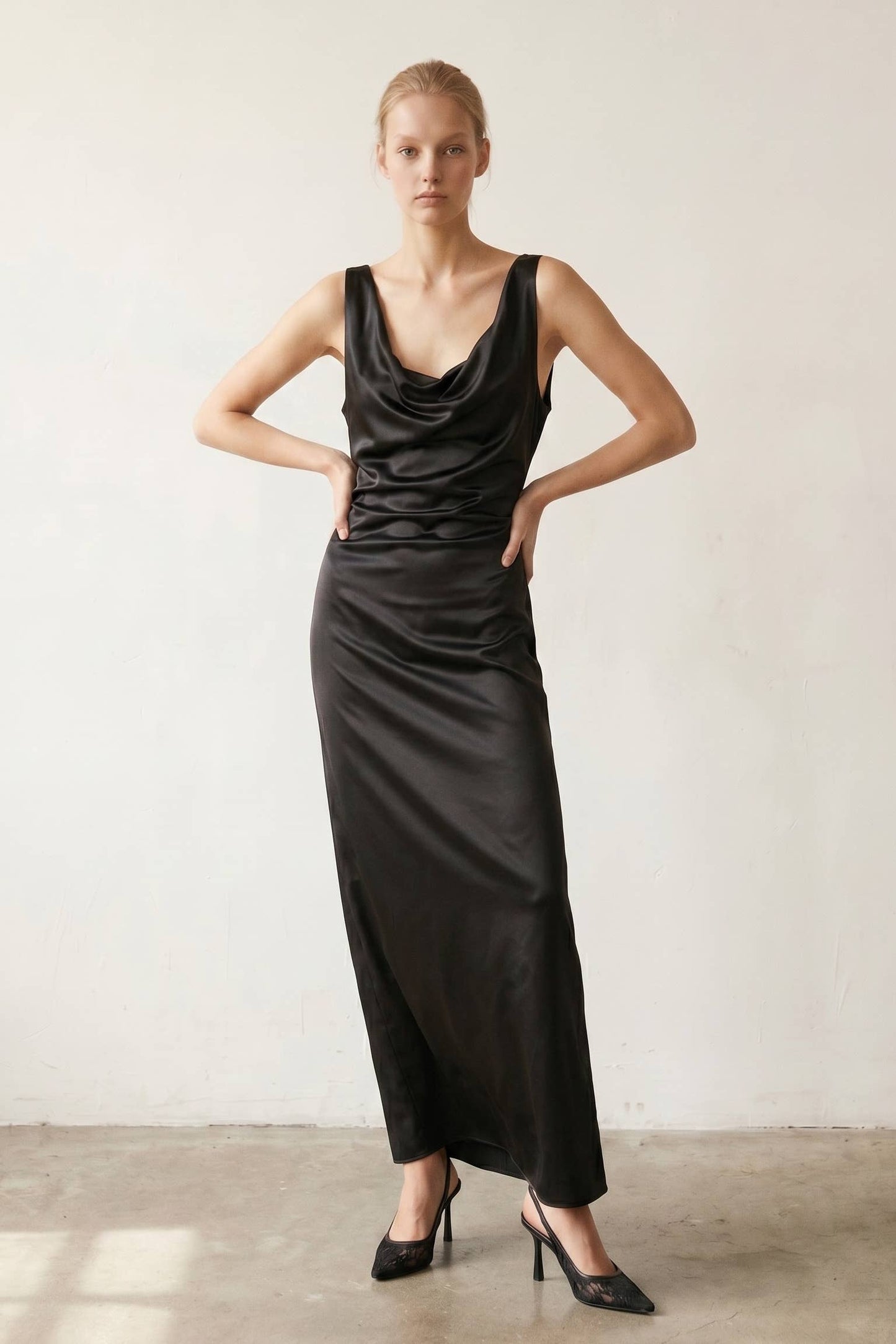 Jazlyn Satin Cowl Neck Maxi Flare Dress