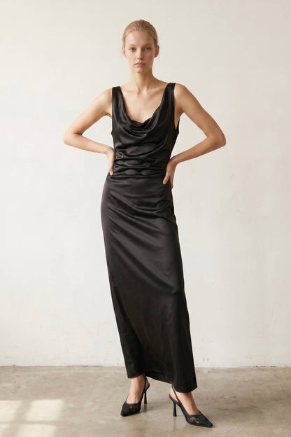 Jazlyn Satin Cowl Neck Maxi Flare Dress