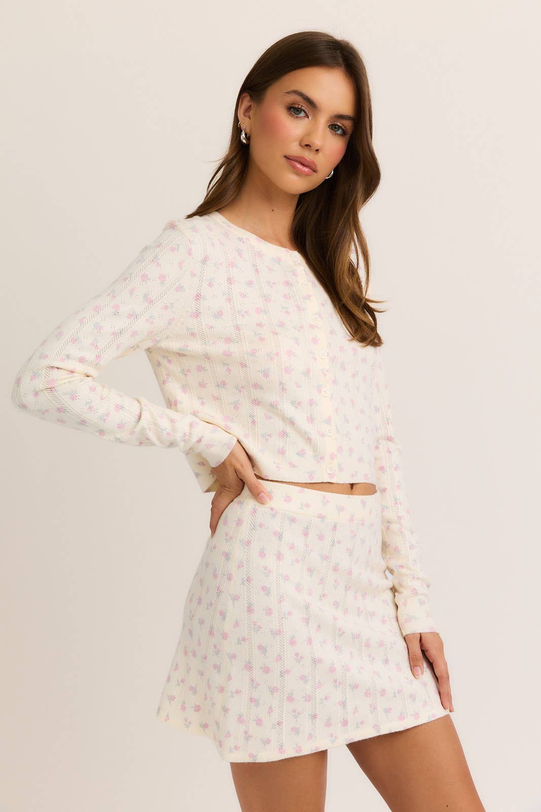 Imogen Pointelle Floral Cardigan Skirt Set