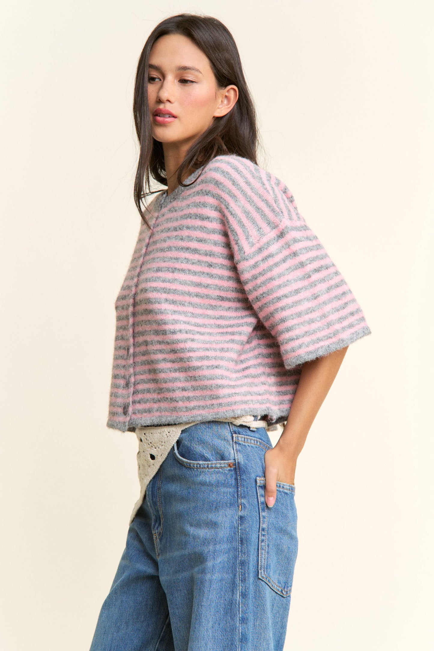 Hadley Striped Cropped Oversized Knit Cardigan
