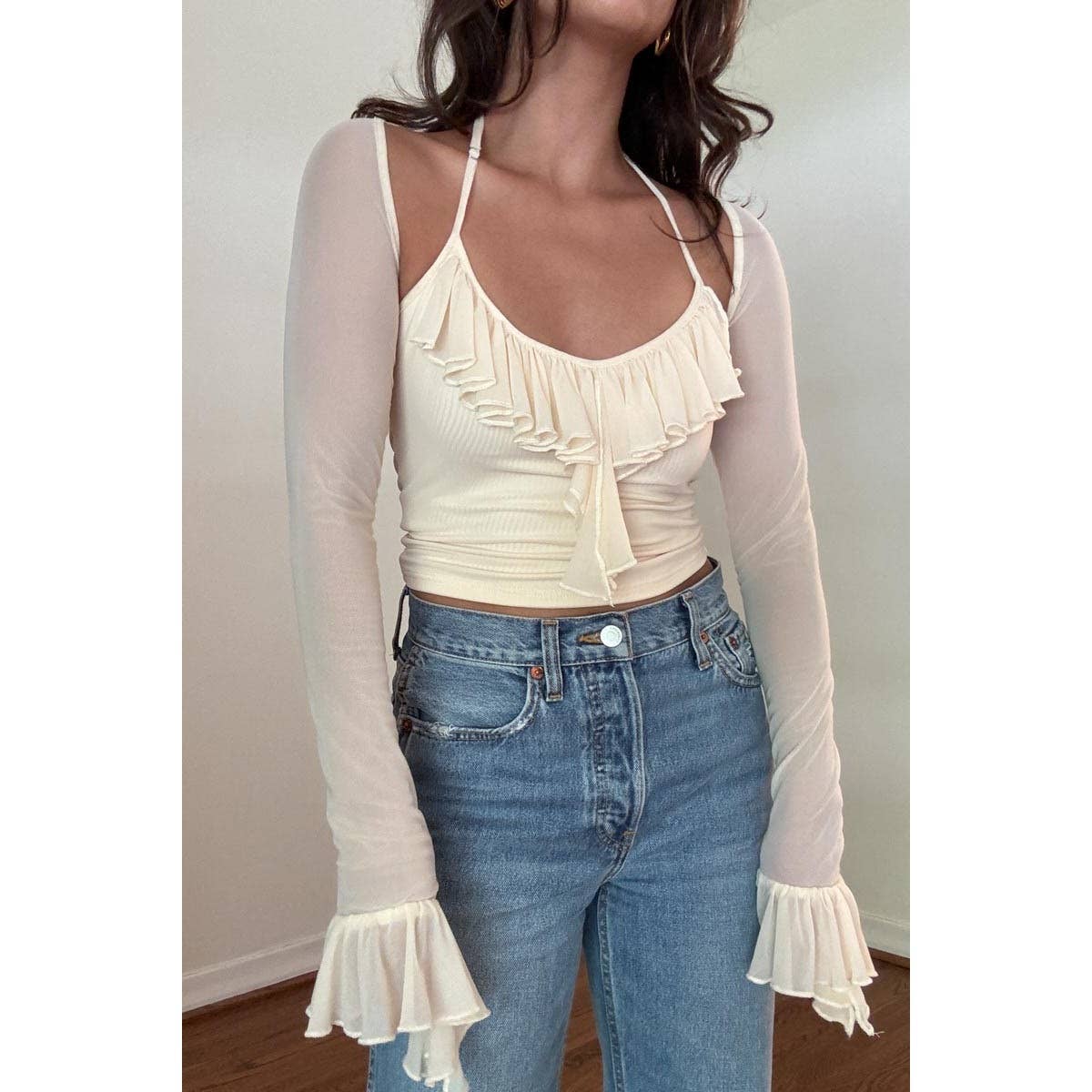 Ingrid Ruffle Trim Long Sleeve Crop Top