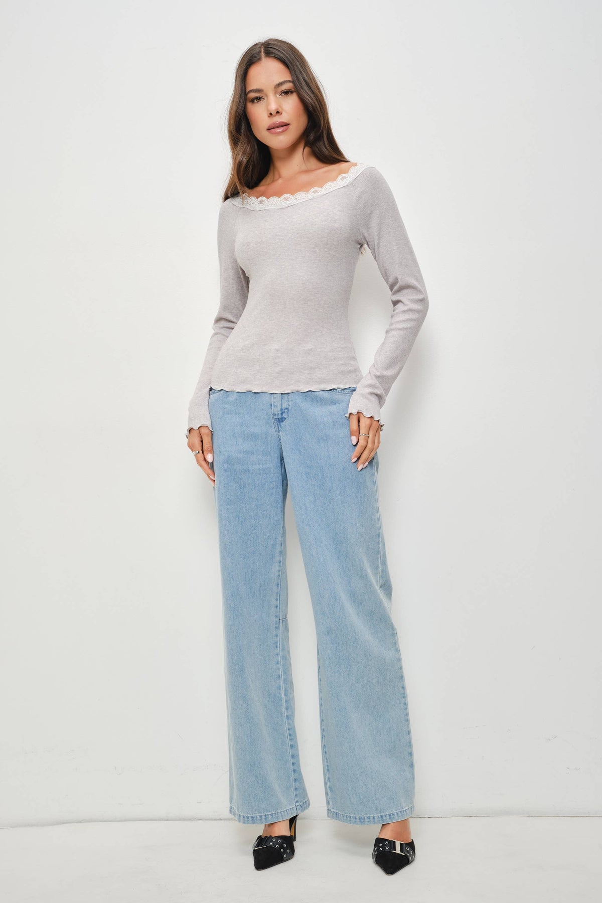 Jillian Lace Trim Boat Neck Long Sleeve Top