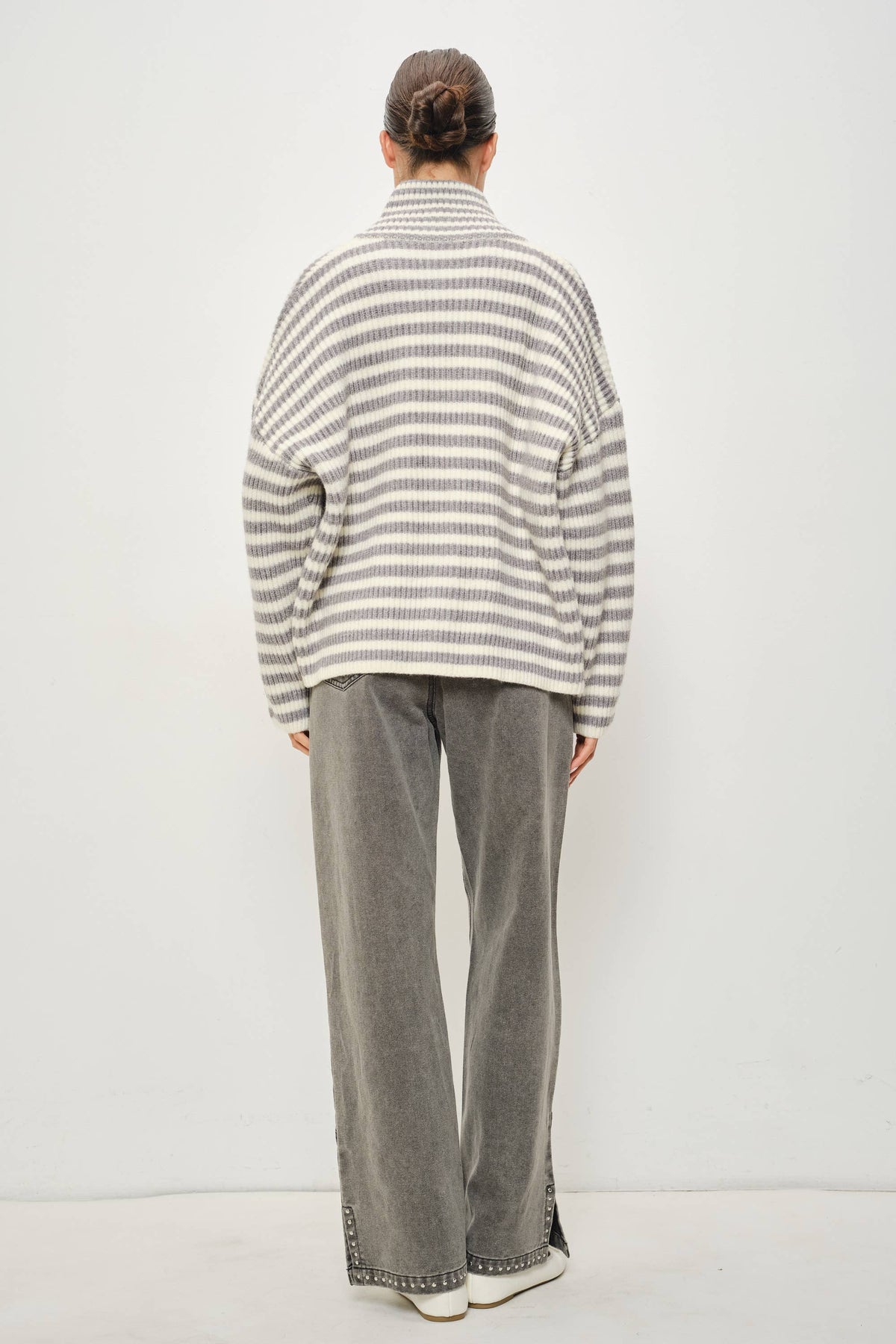 Janice Striped Mock Neck Zip Up Sweater