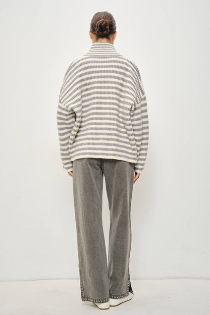 Janice Striped Mock Neck Zip Up Sweater