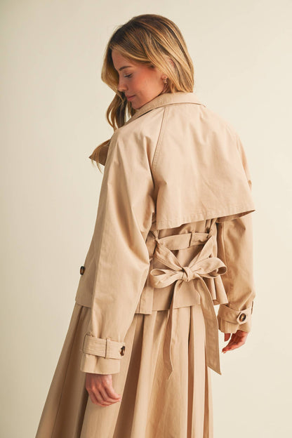 Jacee High-Collar Cropped Belted Trench Jacket