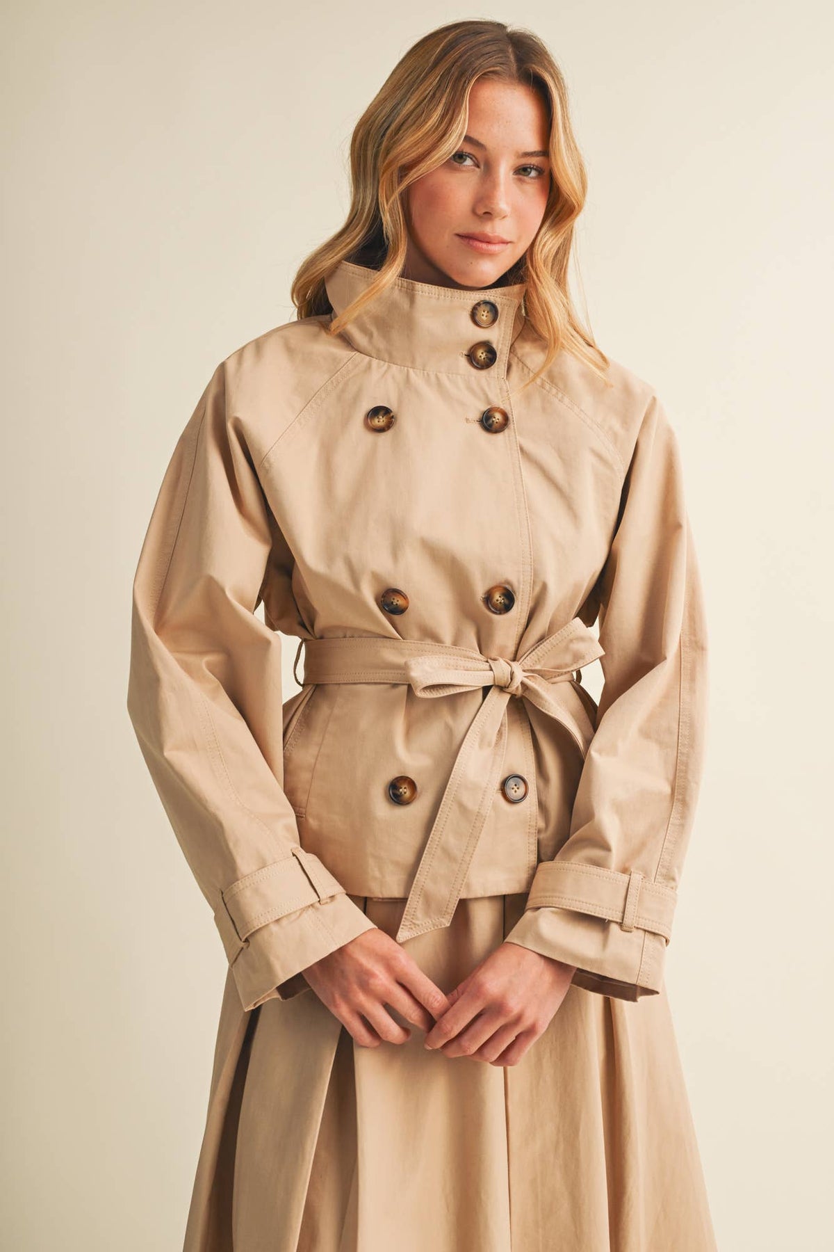 Jacee High-Collar Cropped Belted Trench Jacket