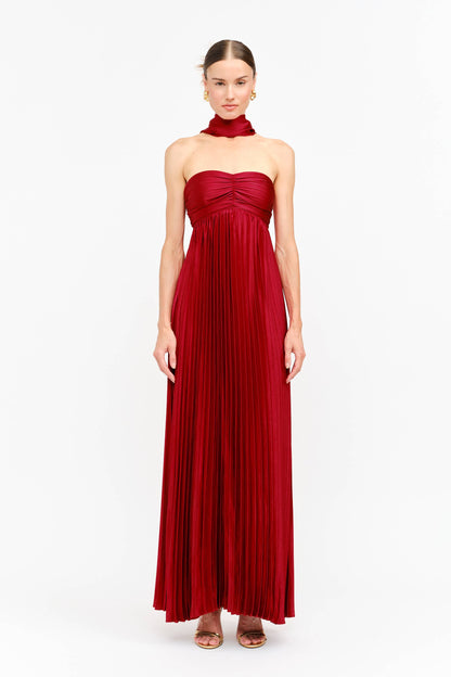 Kali Satin Pleated Strapless Maxi Dress