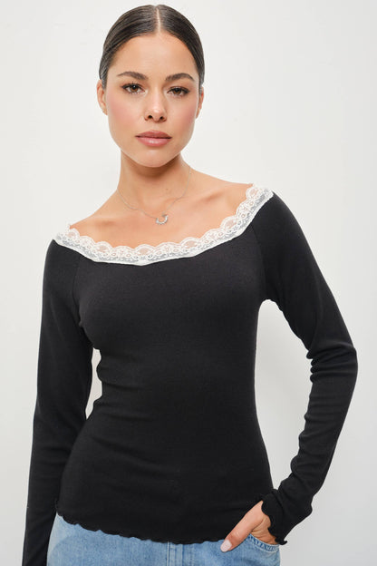 Jillian Lace Trim Boat Neck Long Sleeve Top