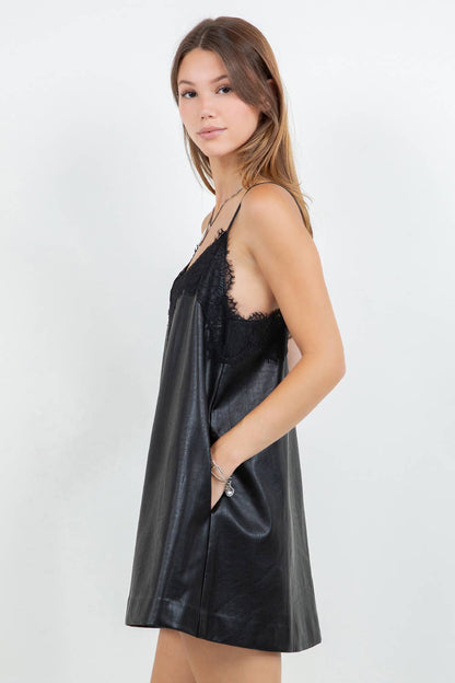 Fronia Vegan Leather Lace Mini Dress