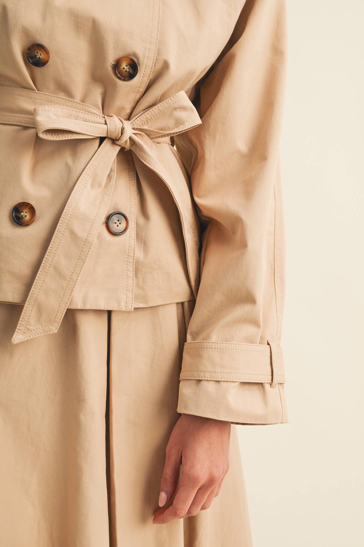Jacee High-Collar Cropped Belted Trench Jacket