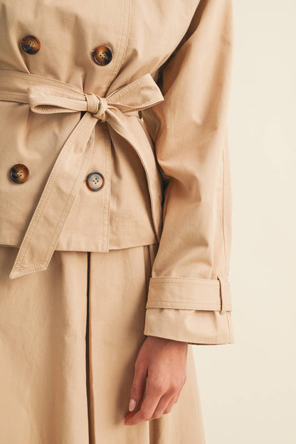 Jacee High-Collar Cropped Belted Trench Jacket