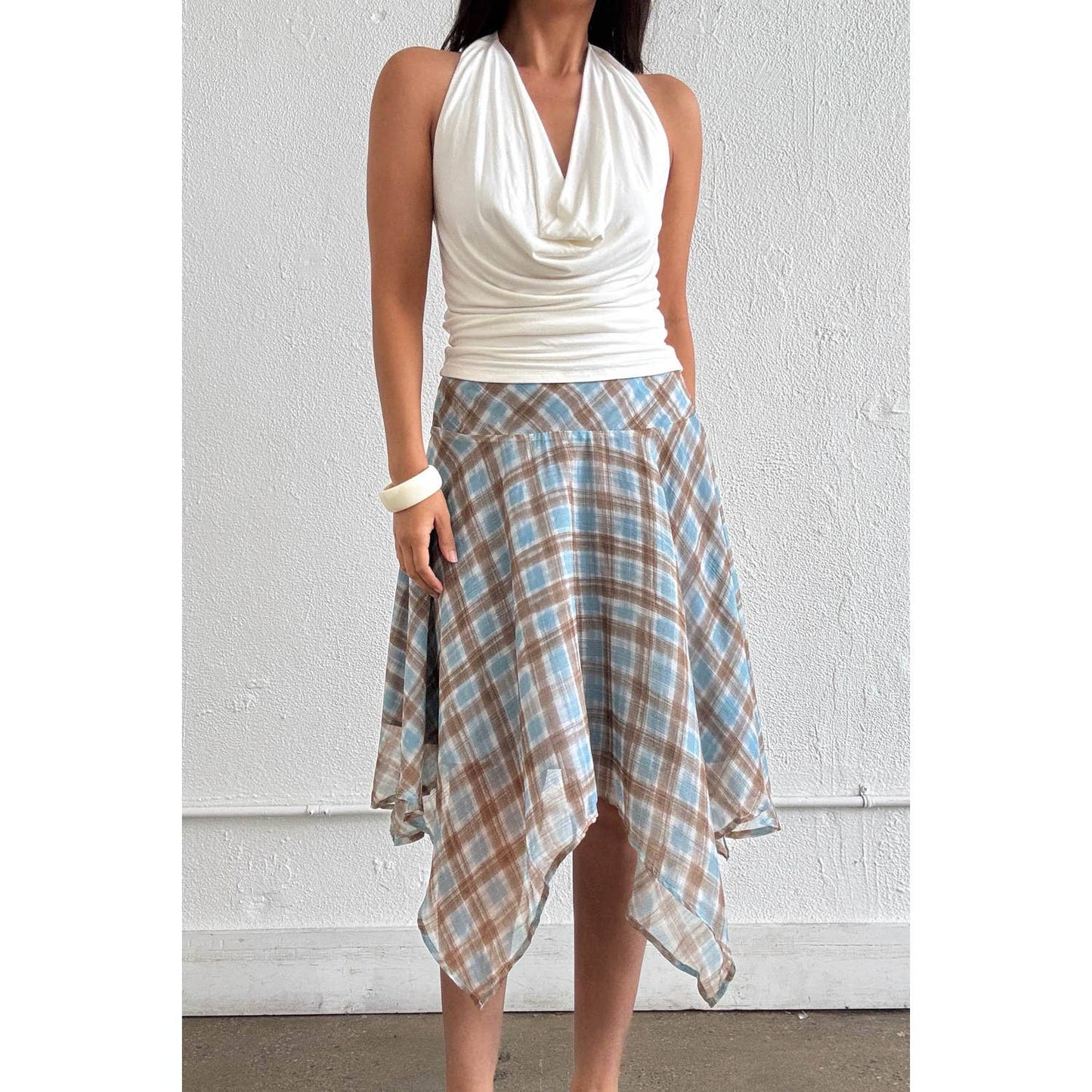 Janelle Check Chiffon Asymmetrical Midi Skirt