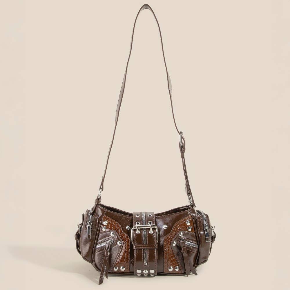 Rivet Detail Leather Shoulder Bag