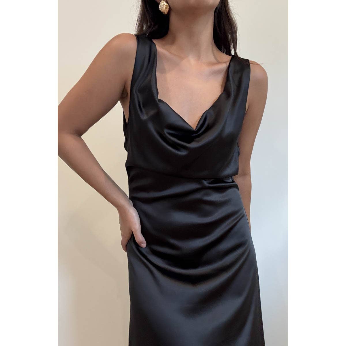 Jazlyn Satin Cowl Neck Maxi Flare Dress