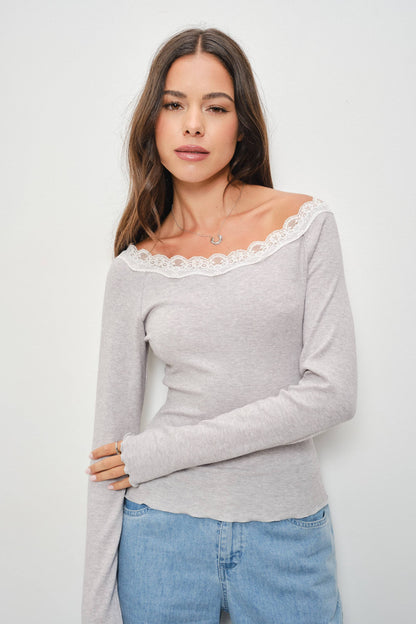 Jillian Lace Trim Boat Neck Long Sleeve Top