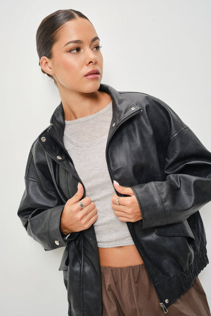 Jana Vegan Leather Funnel Neck Oversized Jacket