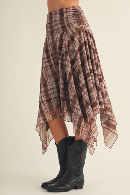 Jordan Shirred Yoke Geometric Plaid Skirt