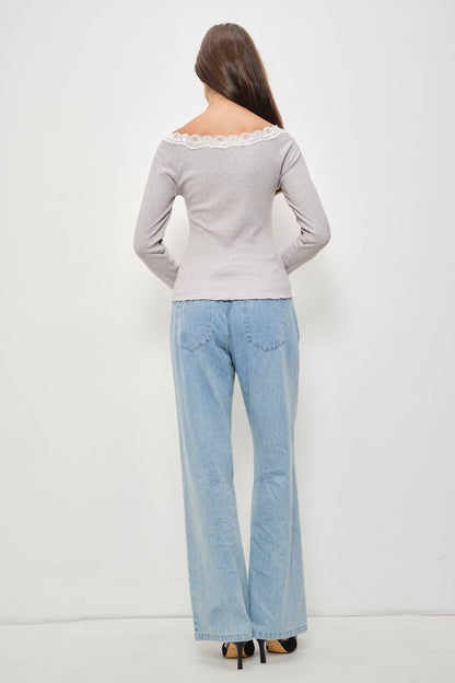 Jillian Lace Trim Boat Neck Long Sleeve Top
