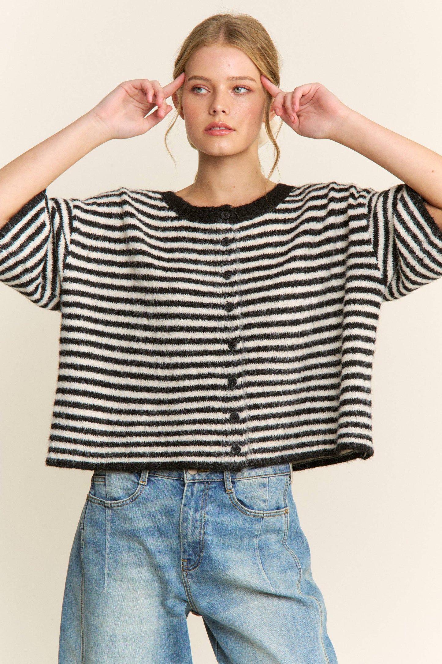 Hadley Striped Cropped Oversized Knit Cardigan