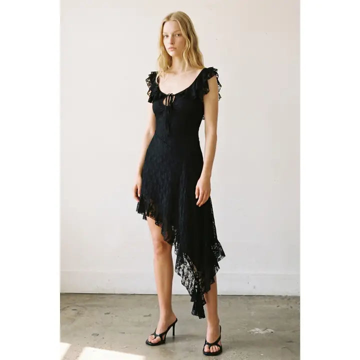 Jessica Ruffle Asymmetrical Lace Midi Dress