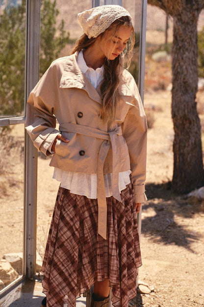 Jacee High-Collar Cropped Belted Trench Jacket