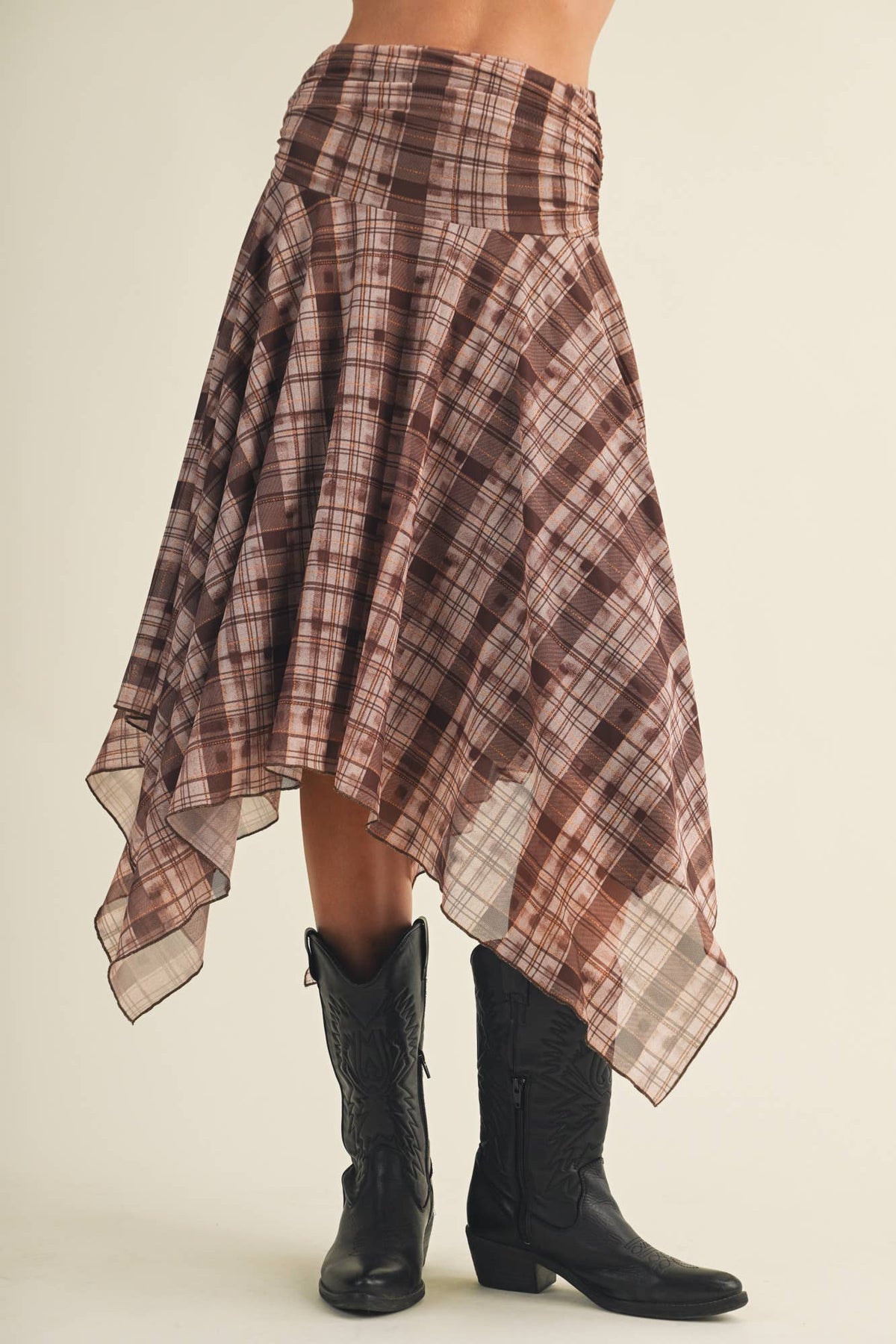 Jordan Shirred Yoke Geometric Plaid Skirt