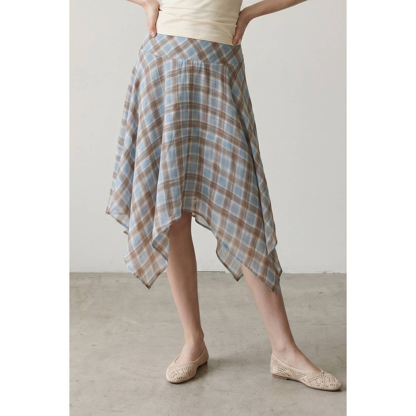 Janelle Check Chiffon Asymmetrical Midi Skirt