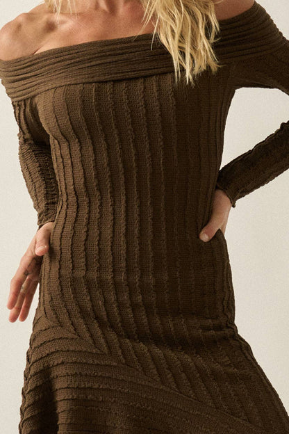 Joan Boucle Ribbed Knit Off-Shoulder Asymmetrical Mini Dress