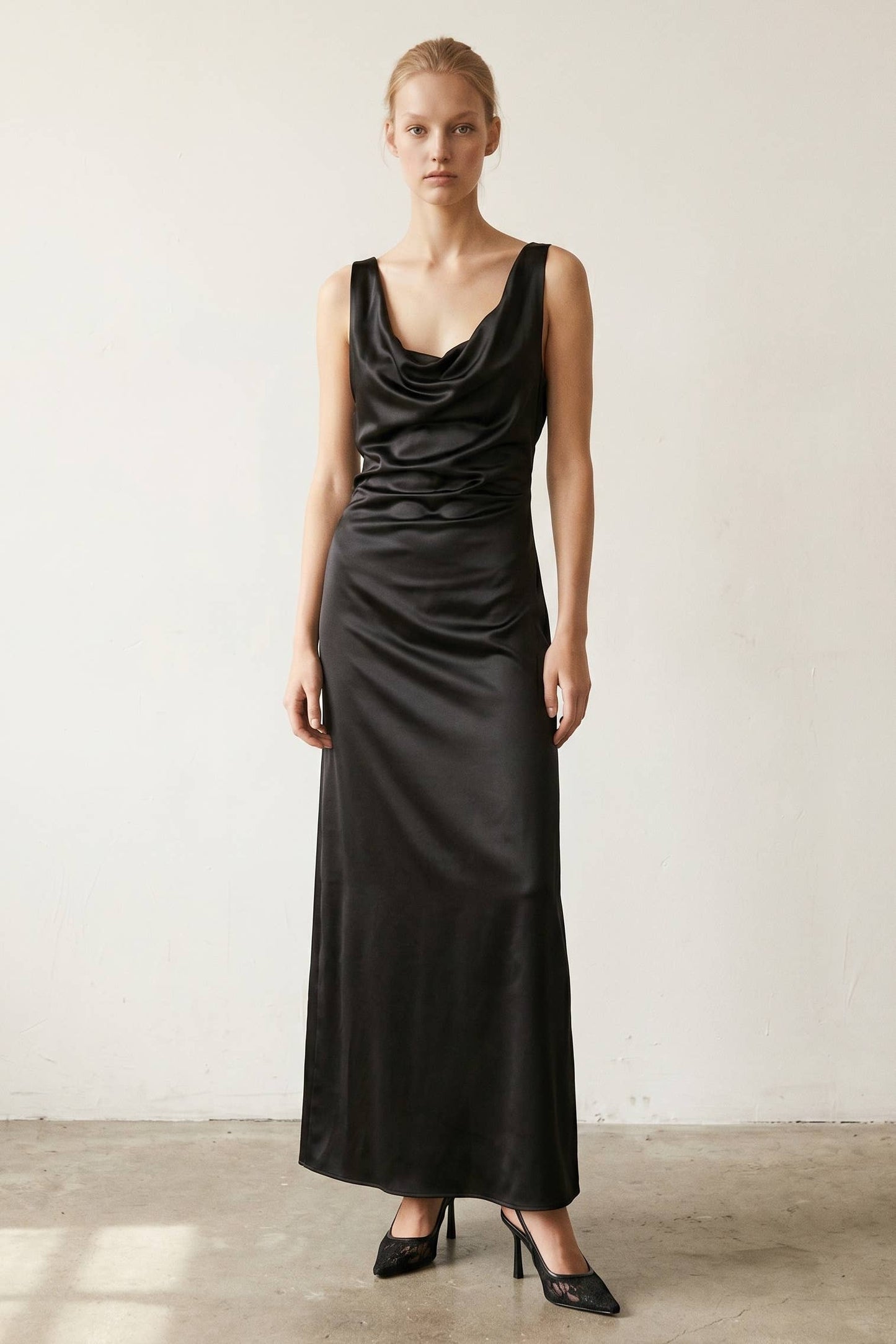 Jazlyn Satin Cowl Neck Maxi Flare Dress