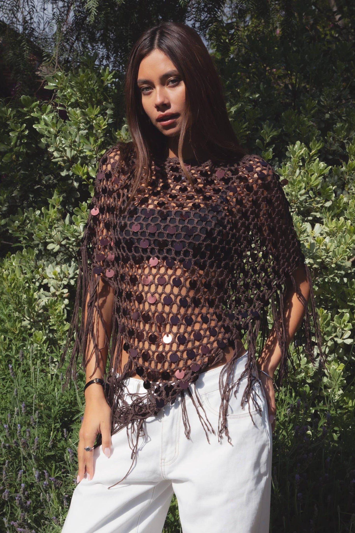 Holly Sequin Crochet Fringe Poncho