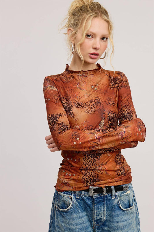 Fiona Animal Mesh Mock Neck Long Sleeve Top